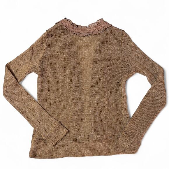 Romy Brown Pointelle Knit Open Cardigan with Ruffle Accent Size M - Picture 2 of 8